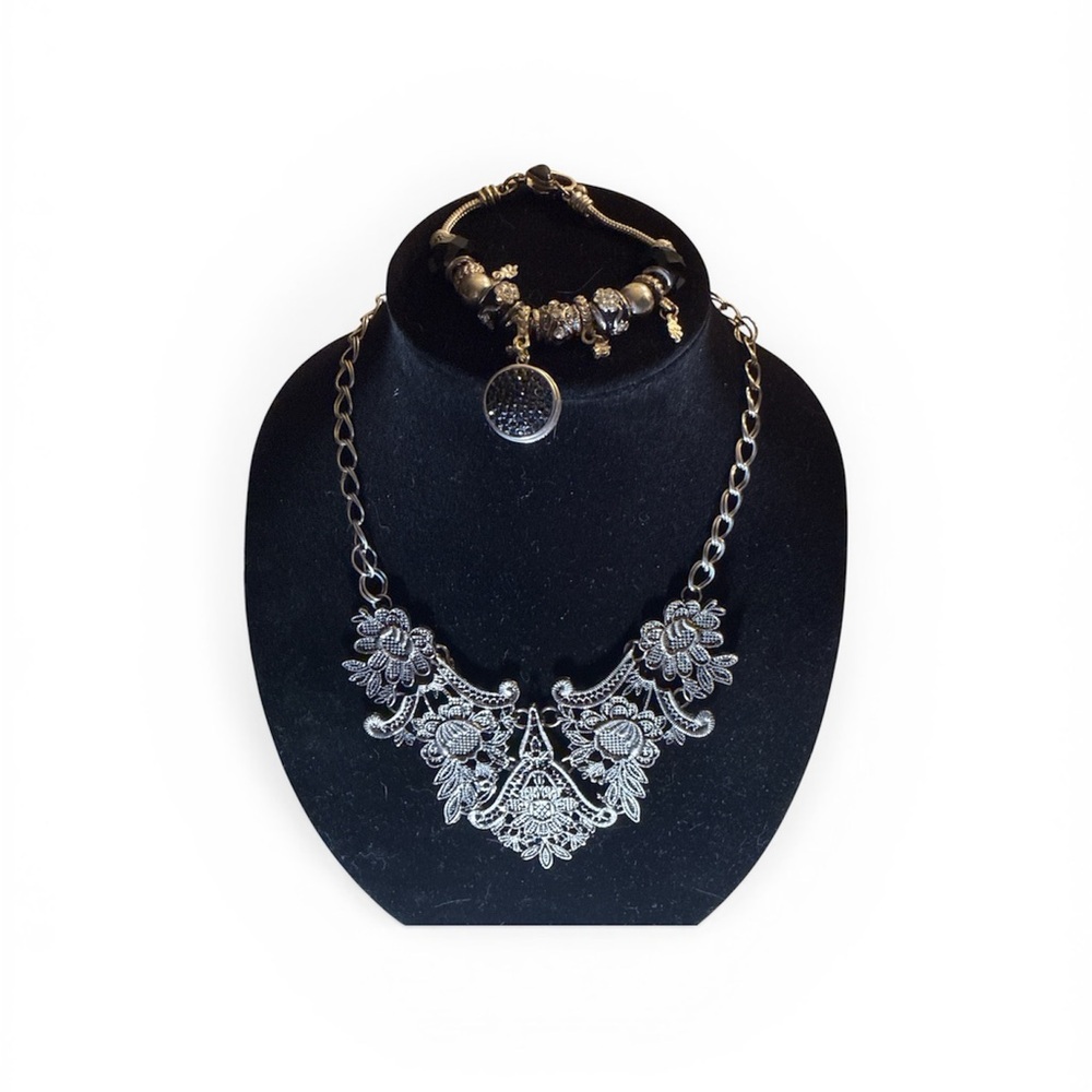 Silver Floral Lace Statement Necklace - and Bracelet Women Jewelry